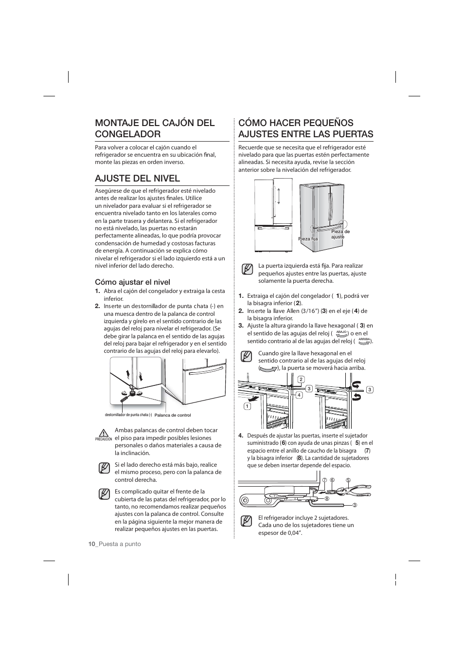 Montaje del cajón del congelador, Ajuste del nivel, Cómo hacer pequeños ajustes entre las puertas | Cómo ajustar el nivel | Samsung RF26HFPNBSR-AA User Manual | Page 38 / 84