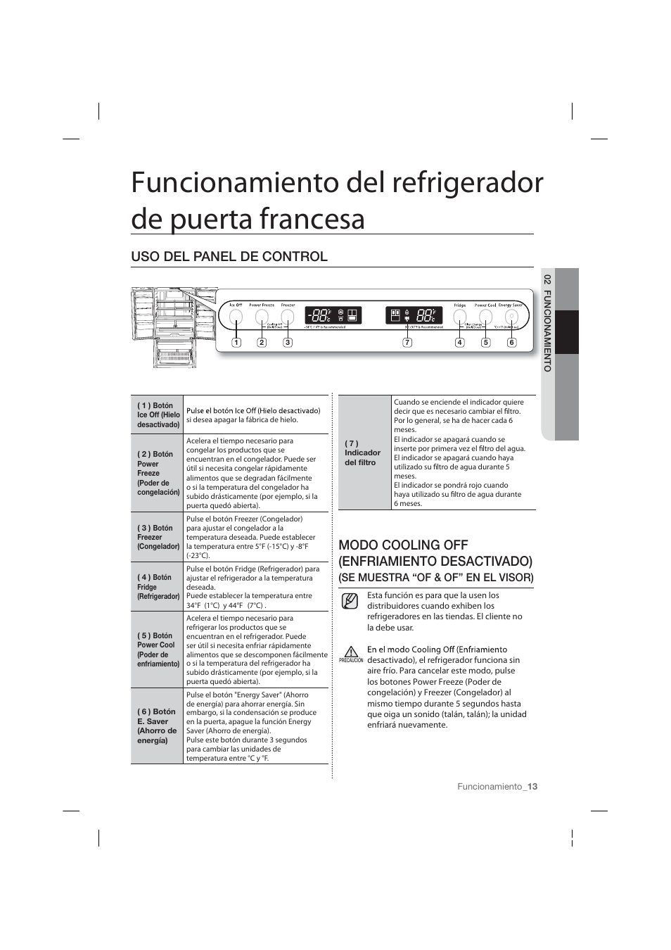 Funcionamiento del refrigerador de puerta francesa, Modo cooling off (enfriamiento desactivado), Uso del panel de control | Samsung RF26HFPNBSR-AA User Manual | Page 41 / 84