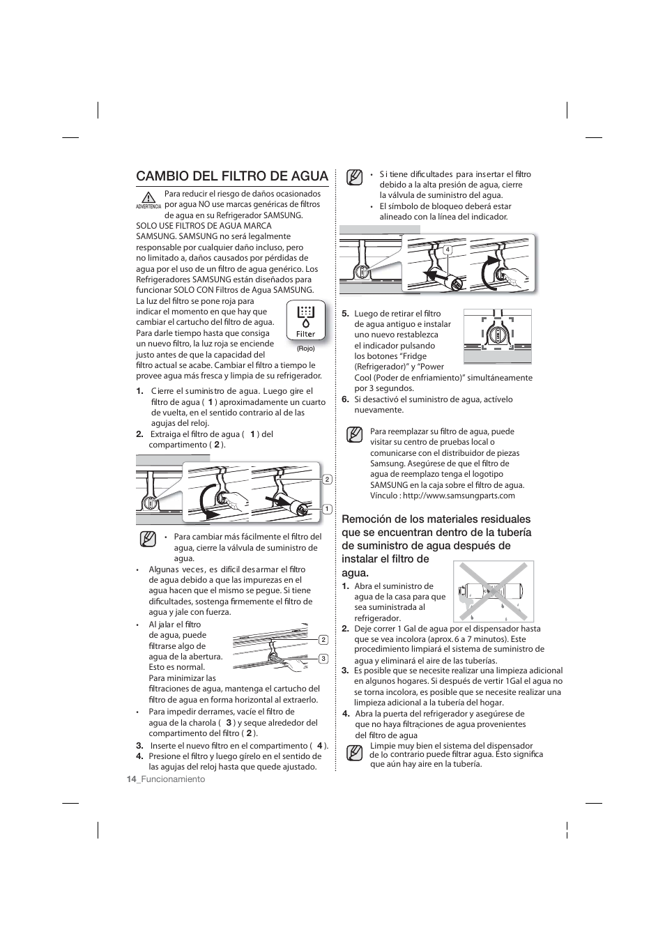 Cambio del filtro de agua | Samsung RF26HFPNBSR-AA User Manual | Page 42 / 84