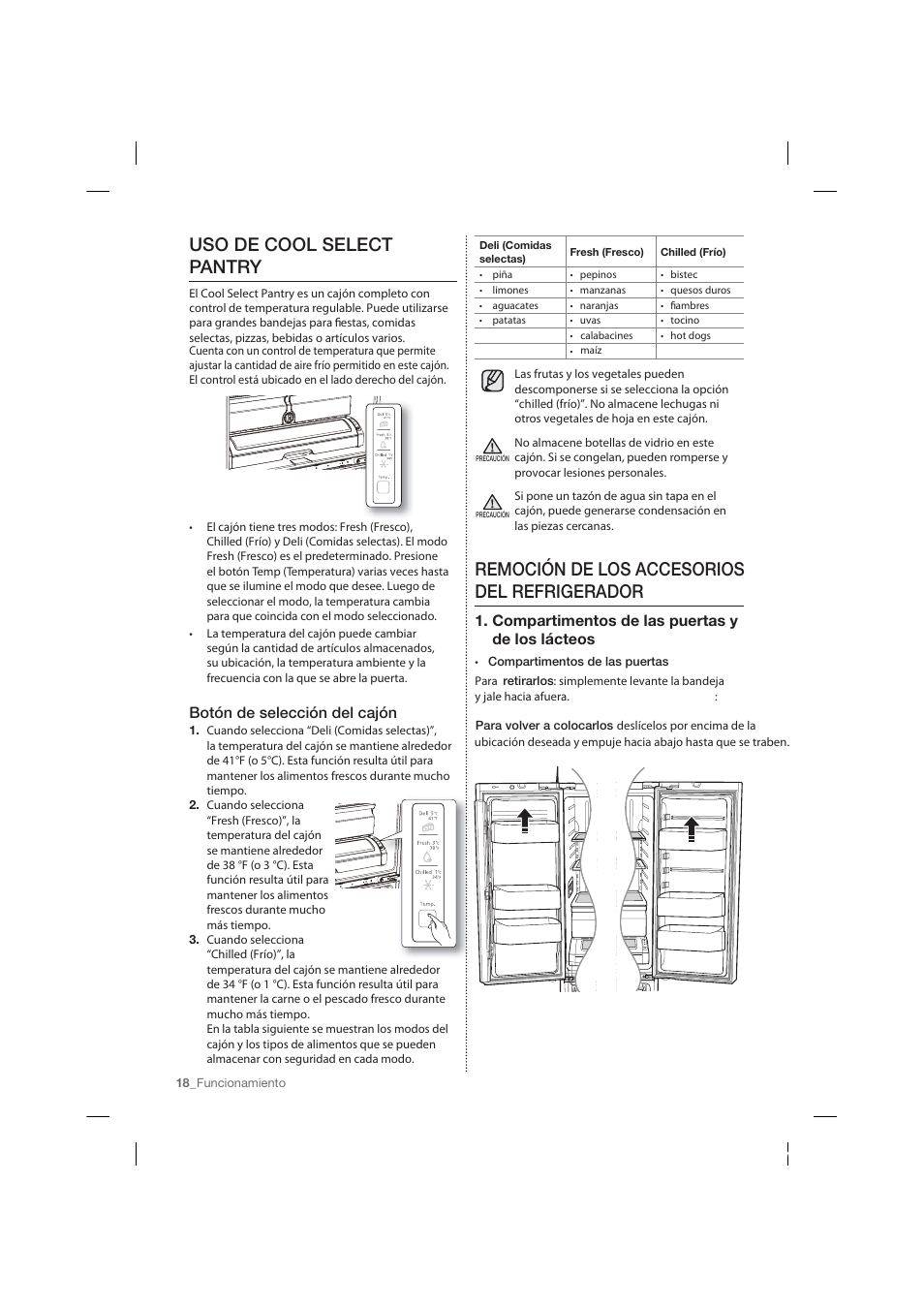 Remoción de los accesorios del refrigerador, Uso de cool select pantry, Compartimentos de las puertas y de los lácteos | Botón de selección del cajón | Samsung RF26HFPNBSR-AA User Manual | Page 46 / 84