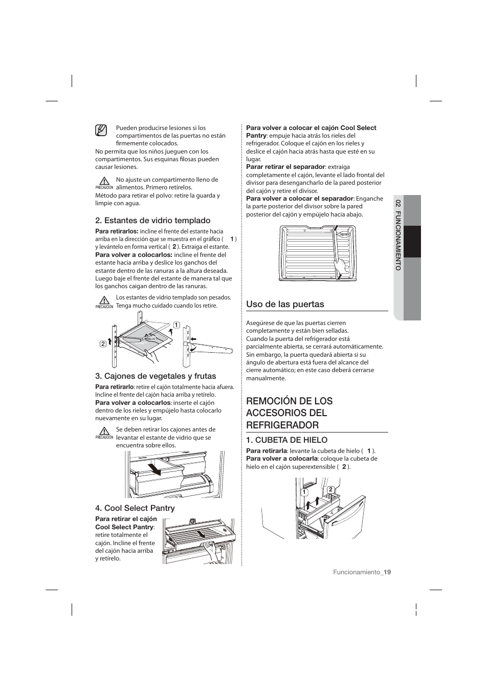 Remoción de los accesorios del refrigerador, Uso de las puertas, Estantes de vidrio templado | Cajones de vegetales y frutas, Cool select pantry, Cubeta de hielo | Samsung RF26HFPNBSR-AA User Manual | Page 47 / 84