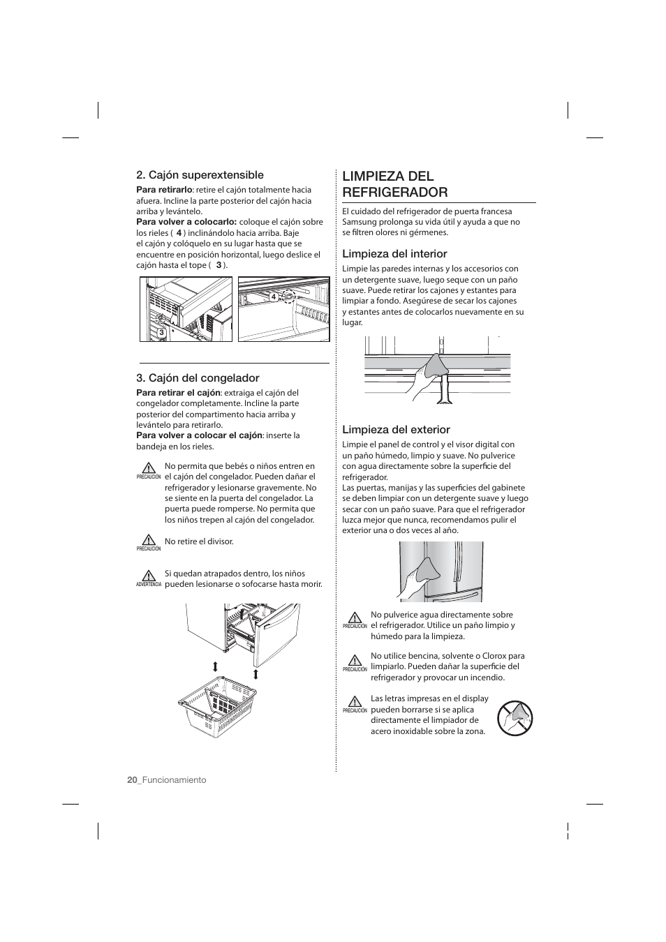 Limpieza del refrigerador, Cajón superextensible, Cajón del congelador | Limpieza del interior, Limpieza del exterior | Samsung RF26HFPNBSR-AA User Manual | Page 48 / 84