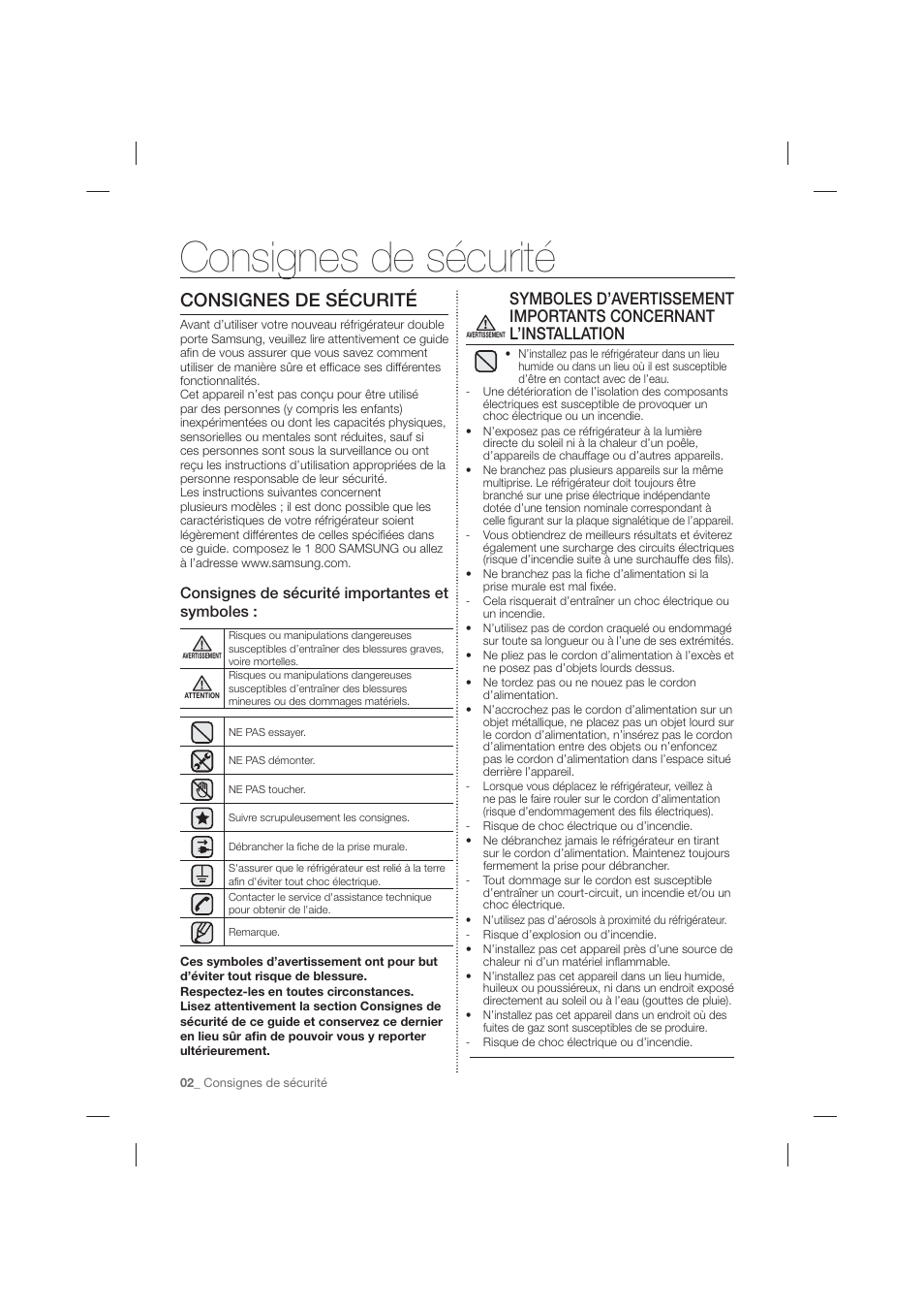 Consignes de sécurité, Consignes de sécurité importantes et symboles | Samsung RF26HFPNBSR-AA User Manual | Page 58 / 84