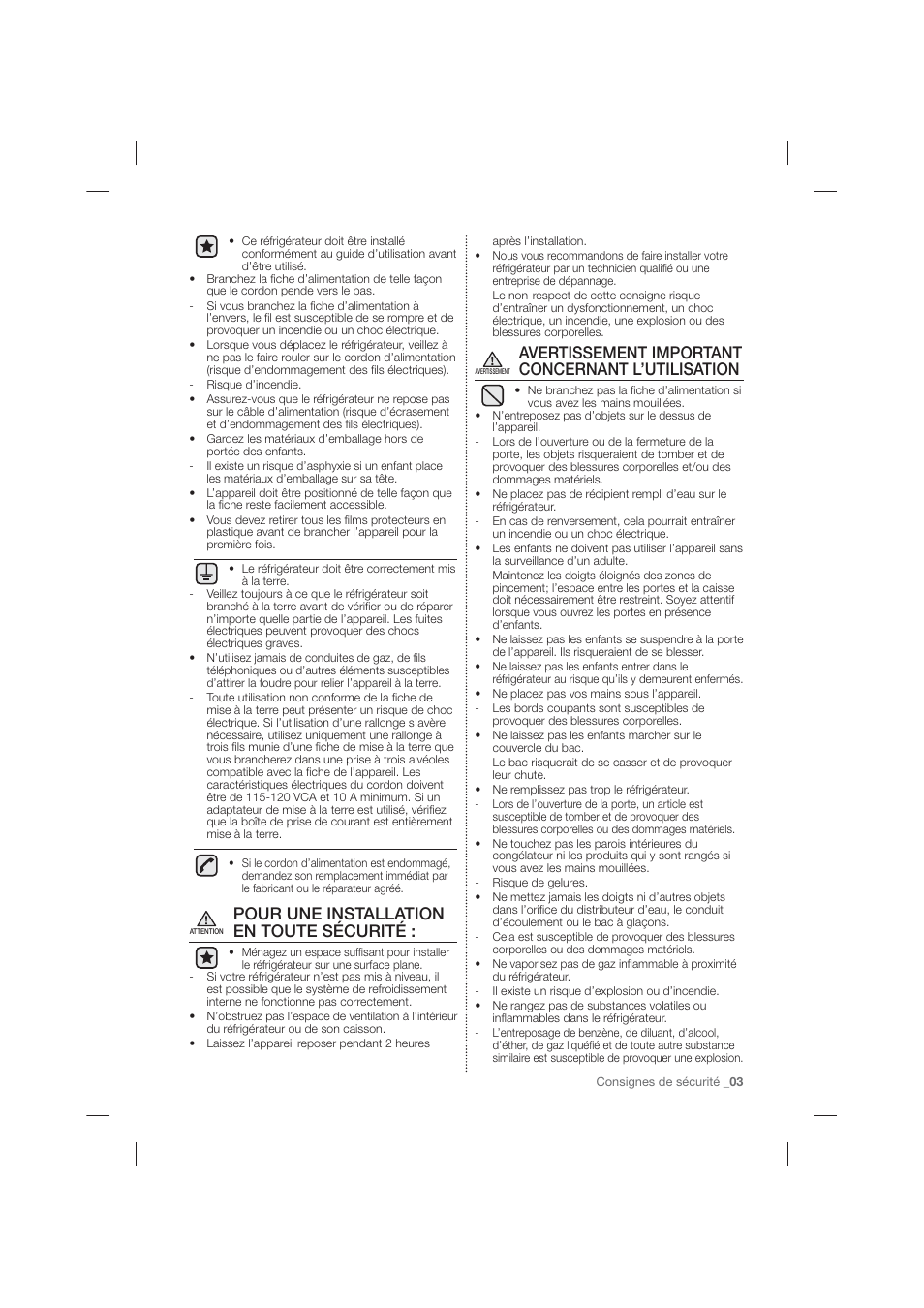 Pour une installation en toute sécurité, Avertissement important concernant l’utilisation | Samsung RF26HFPNBSR-AA User Manual | Page 59 / 84