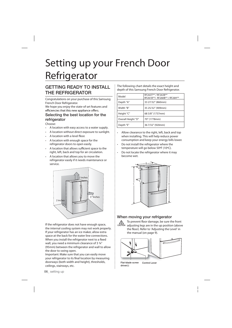 Setting up your french door refrigerator, Getting ready to install the refrigerator, Selecting the best location for the refrigerator | When moving your refrigerator | Samsung RF26HFPNBSR-AA User Manual | Page 6 / 84