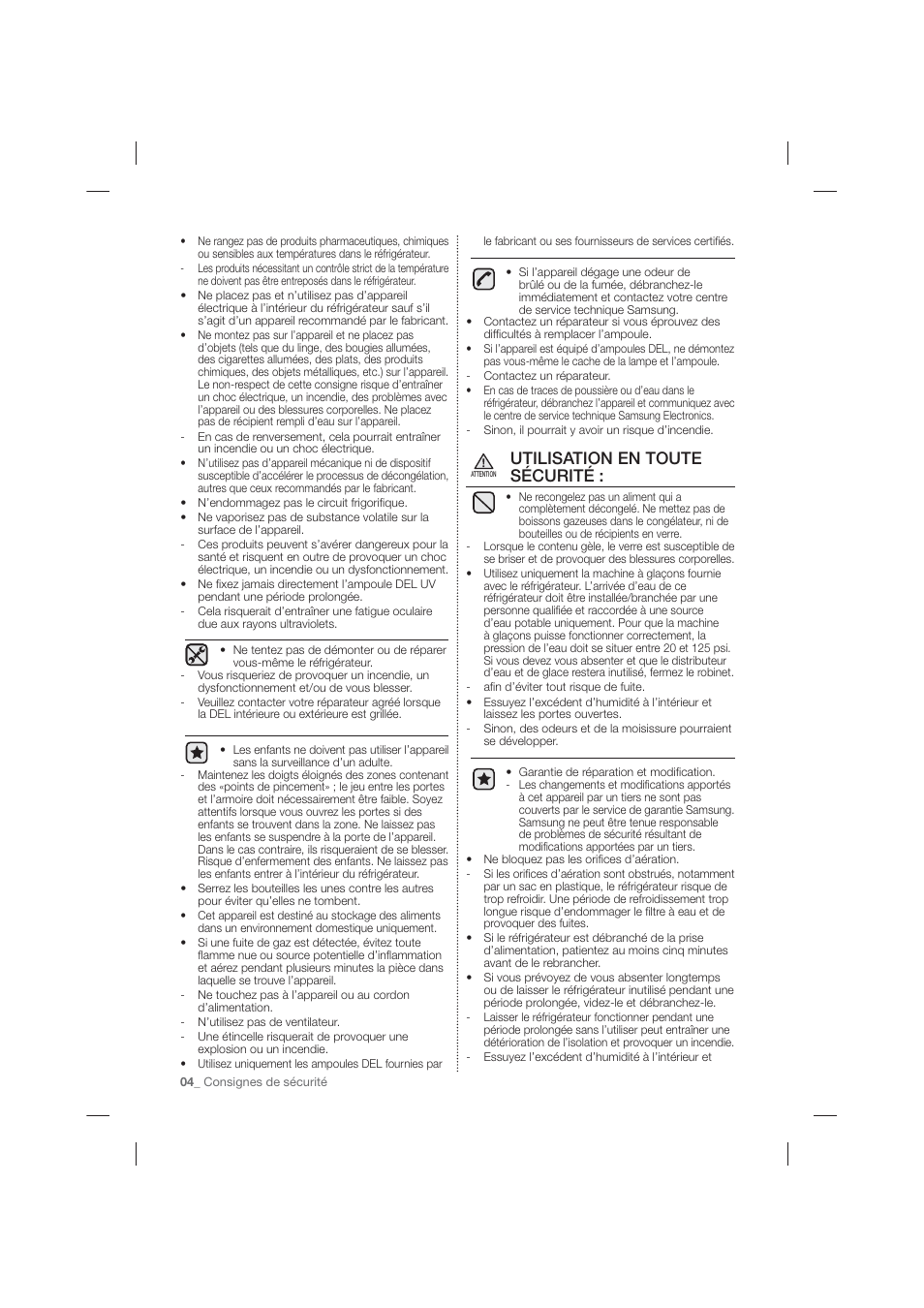 Utilisation en toute sécurité | Samsung RF26HFPNBSR-AA User Manual | Page 60 / 84