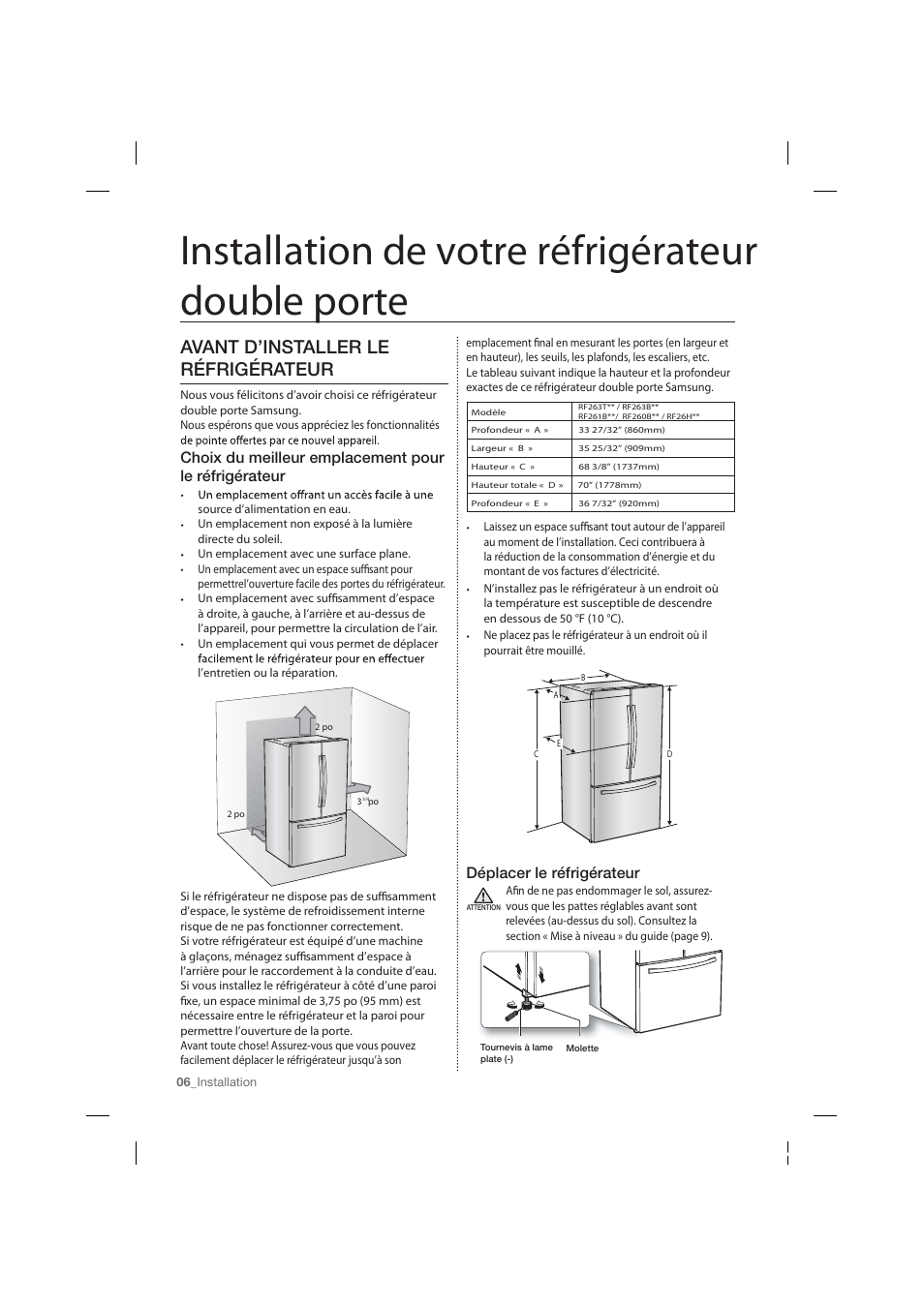 Installation de votre réfrigérateur double porte, Avant d’installer le réfrigérateur, Déplacer le réfrigérateur | Samsung RF26HFPNBSR-AA User Manual | Page 62 / 84