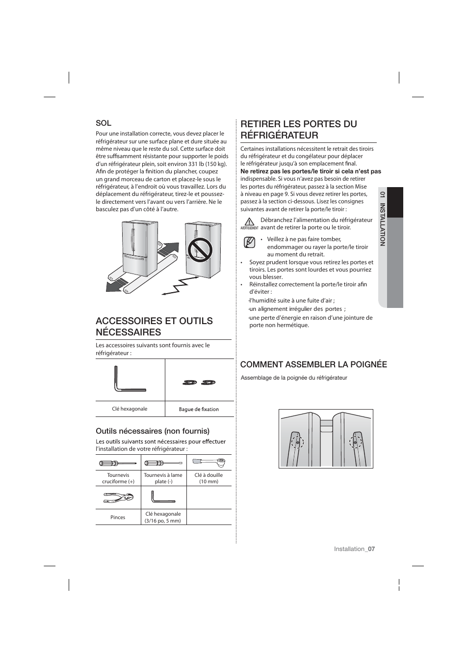 Accessoires et outils nécessaires, Retirer les portes du réfrigérateur, Comment assembler la poignée | Outils nécessaires (non fournis) | Samsung RF26HFPNBSR-AA User Manual | Page 63 / 84