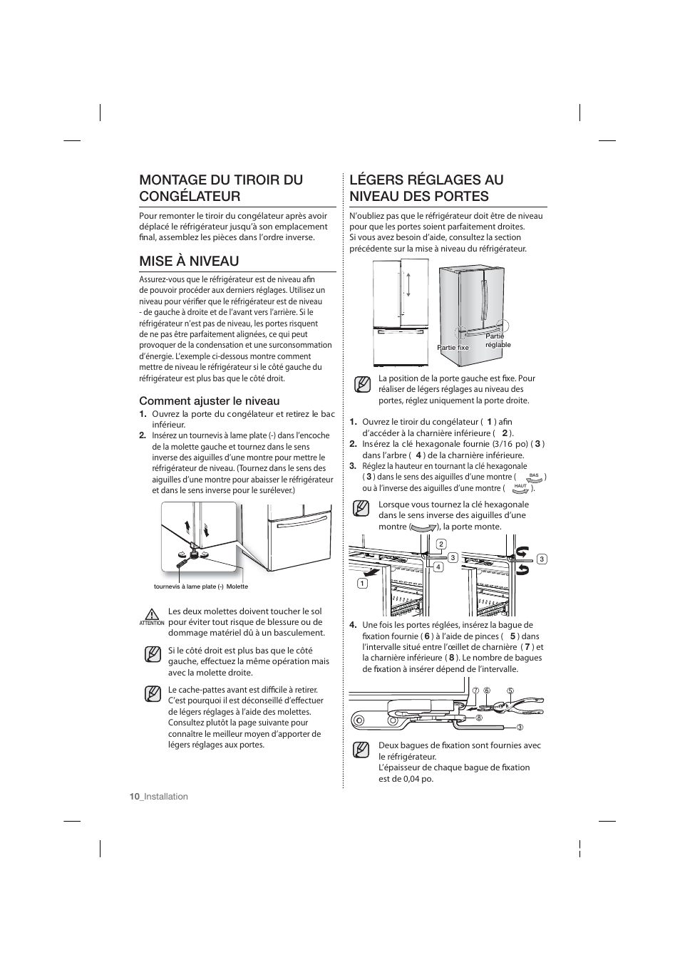 Montage du tiroir du congélateur, Mise à niveau, Légers réglages au niveau des portes | Comment ajuster le niveau | Samsung RF26HFPNBSR-AA User Manual | Page 66 / 84