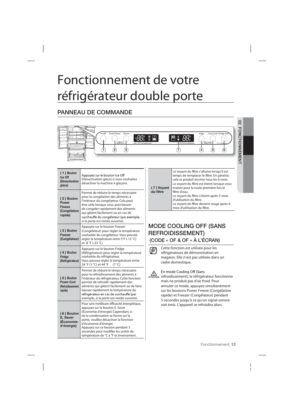 Fonctionnement de votre réfrigérateur double porte, Mode cooling off (sans refroidissement), Panneau de commande | Samsung RF26HFPNBSR-AA User Manual | Page 69 / 84