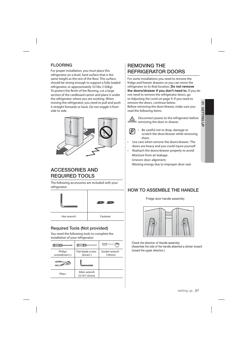 Accessories and required tools, Removing the refrigerator doors, How to assemble the handle | Flooring, Required tools (not provided) | Samsung RF26HFPNBSR-AA User Manual | Page 7 / 84