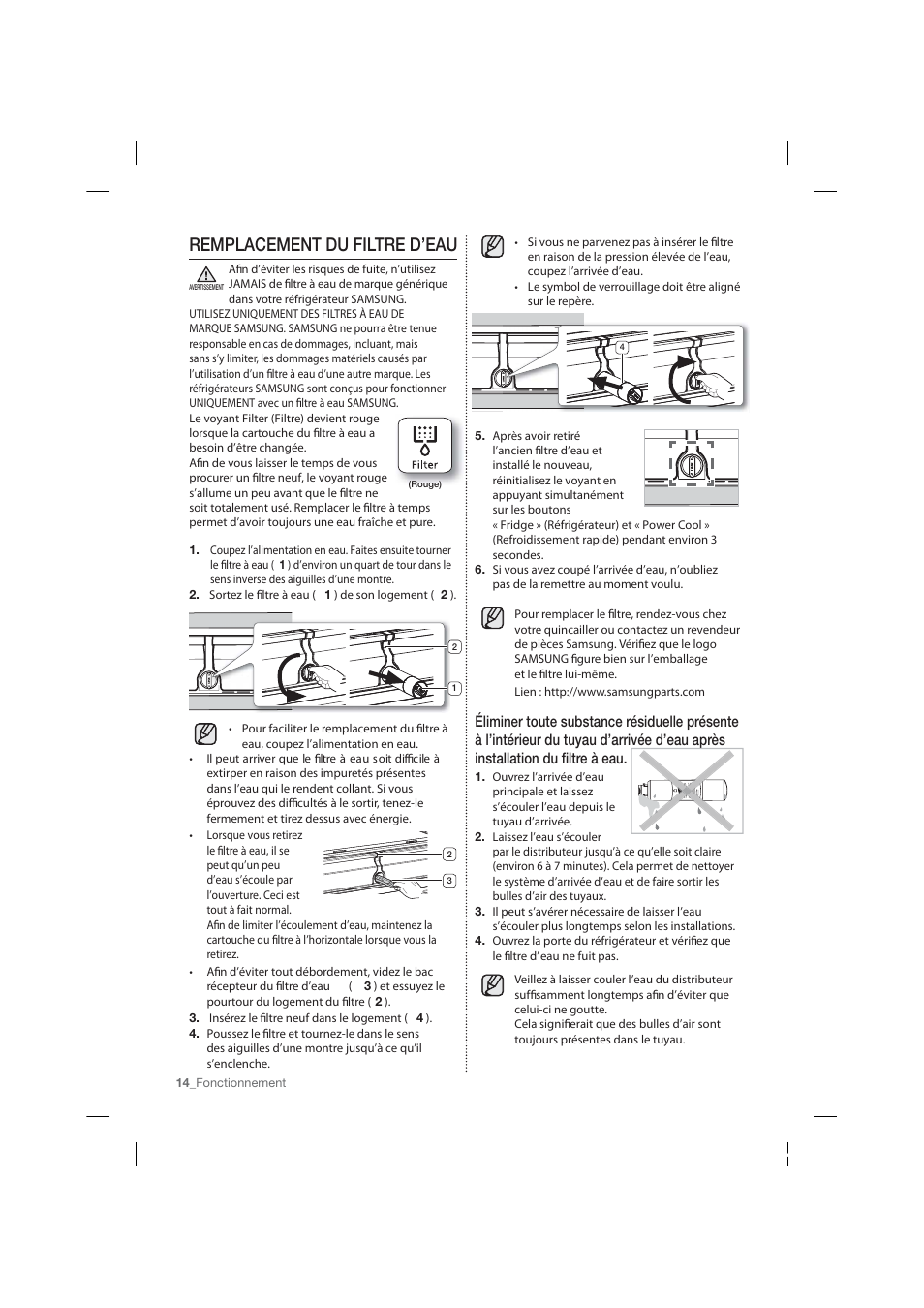 Remplacement du filtre d’eau | Samsung RF26HFPNBSR-AA User Manual | Page 70 / 84