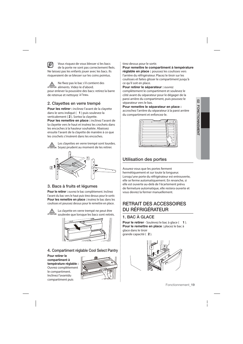 Retrait des accessoires du réfrigérateur, Utilisation des portes, Clayettes en verre trempé | Bacs à fruits et légumes, Compartiment réglable cool select pantry, Bac à glace | Samsung RF26HFPNBSR-AA User Manual | Page 75 / 84