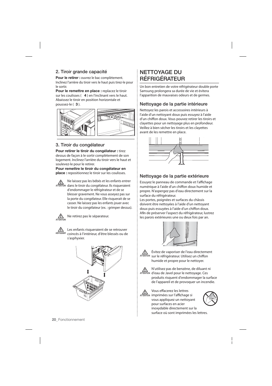 Nettoyage du réfrigérateur, Tiroir grande capacité, Tiroir du congélateur | Nettoyage de la partie intérieure, Nettoyage de la partie extérieure | Samsung RF26HFPNBSR-AA User Manual | Page 76 / 84