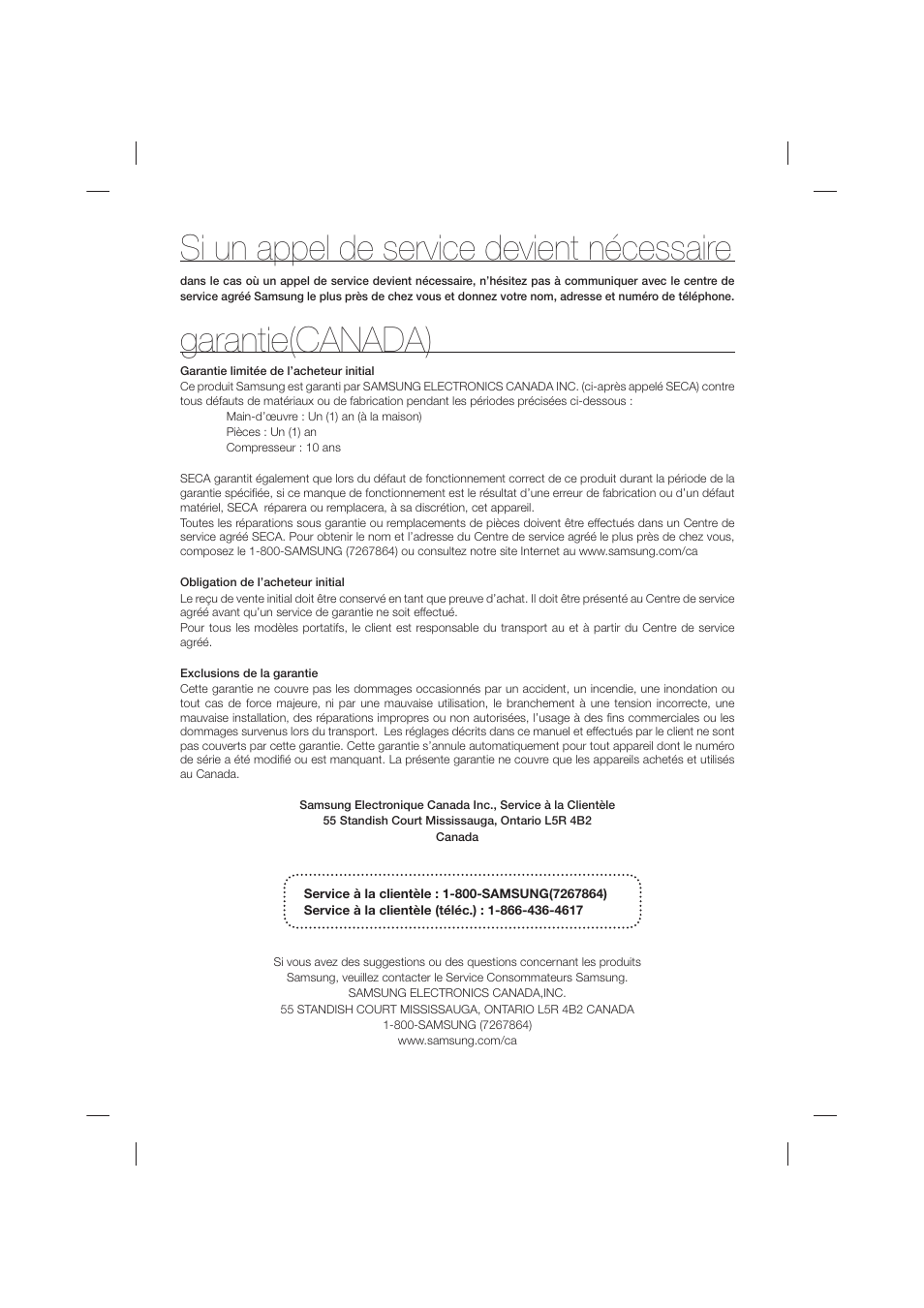Si un appel de service devient nécessaire, Garantie(canada) | Samsung RF26HFPNBSR-AA User Manual | Page 81 / 84