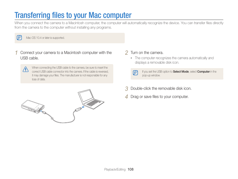 Transferring files to your mac computer | Samsung EC-MV800ZBPBUS User Manual | Page 109 / 146