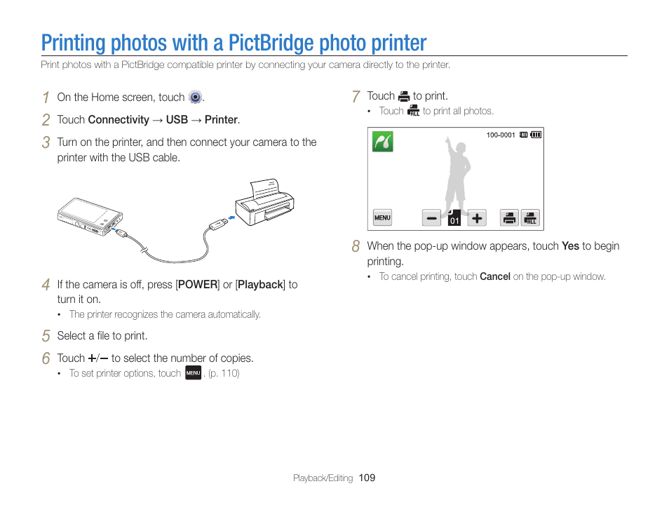 Printing photos with a pictbridge photo printer | Samsung EC-MV800ZBPBUS User Manual | Page 110 / 146
