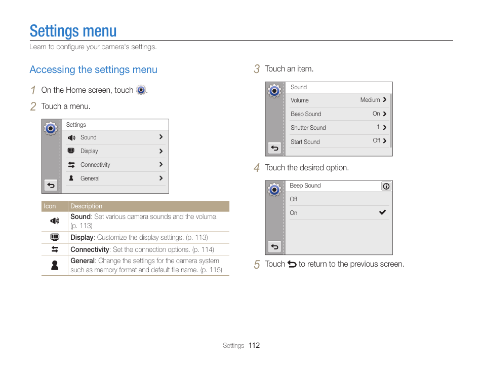 Settings menu, Accessing the settings menu, Accessing the settings menu ……………………… 112 | Samsung EC-MV800ZBPBUS User Manual | Page 113 / 146