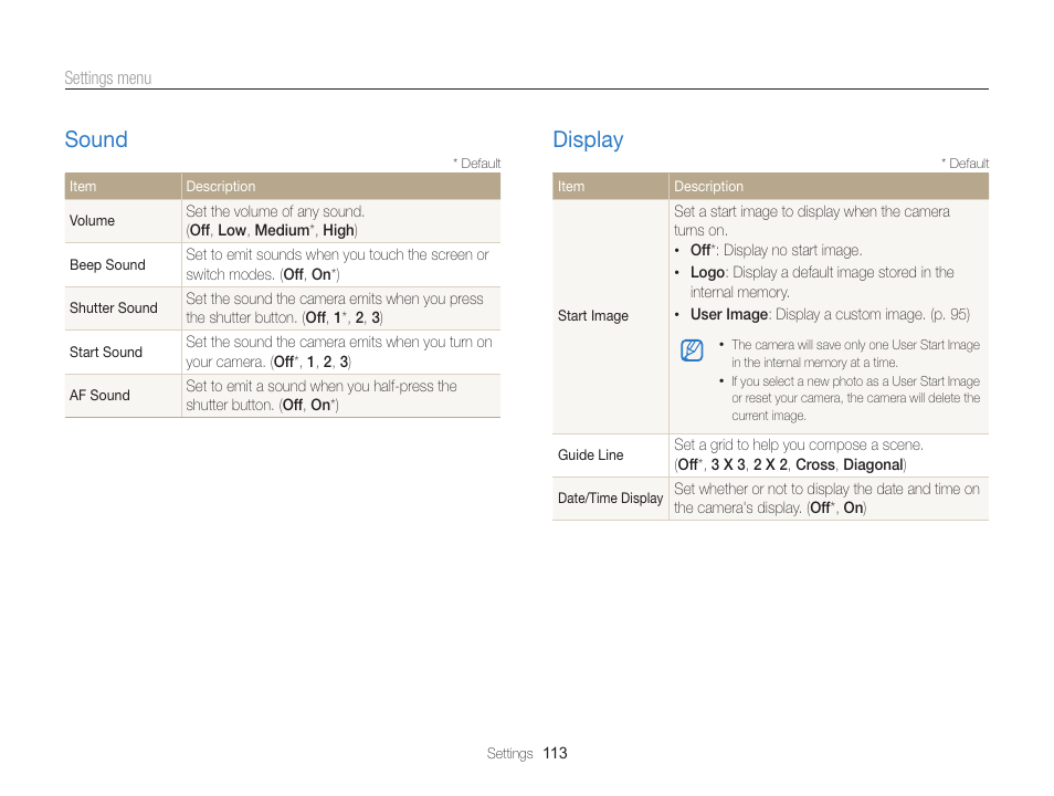Sound, Display | Samsung EC-MV800ZBPBUS User Manual | Page 114 / 146