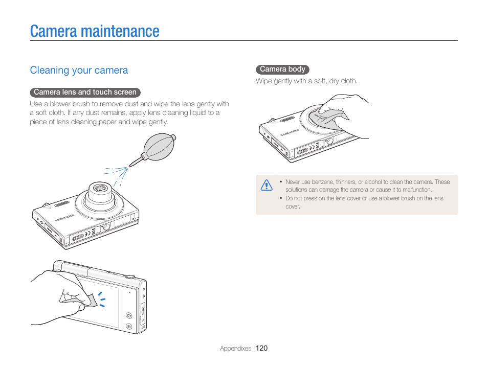 Camera maintenance, Cleaning your camera, Cleaning your camera ……………………………… 120 | Samsung EC-MV800ZBPBUS User Manual | Page 121 / 146