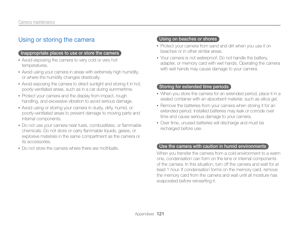 Using or storing the camera, Using or storing the camera ………………………… 121 | Samsung EC-MV800ZBPBUS User Manual | Page 122 / 146