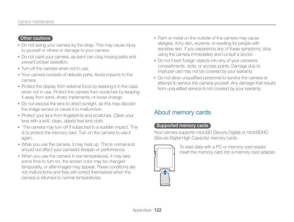 About memory cards, About memory cards ……………………………… 122 | Samsung EC-MV800ZBPBUS User Manual | Page 123 / 146