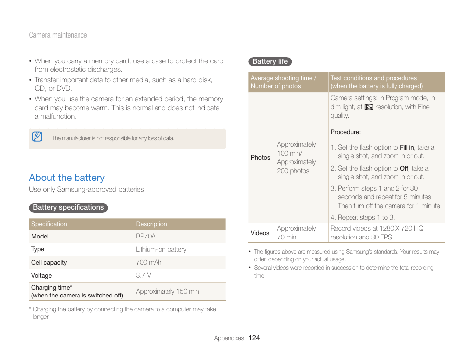 About the battery, About the battery …………………………………… 124 | Samsung EC-MV800ZBPBUS User Manual | Page 125 / 146