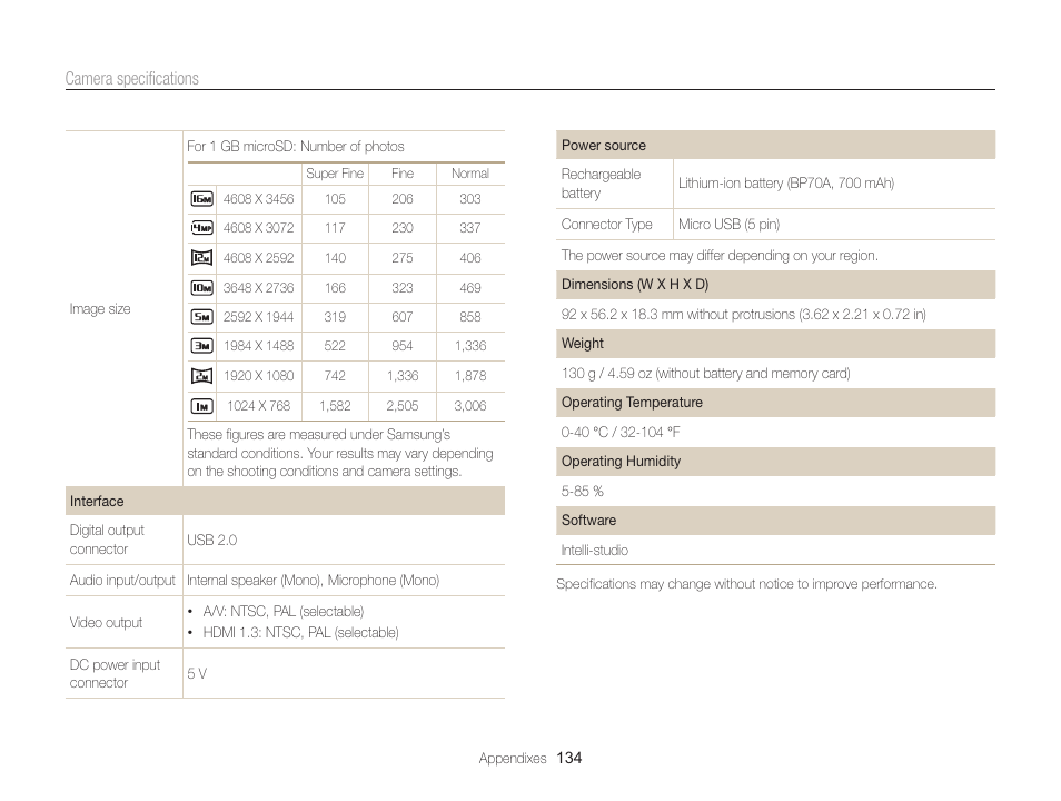 Camera specifications | Samsung EC-MV800ZBPBUS User Manual | Page 135 / 146