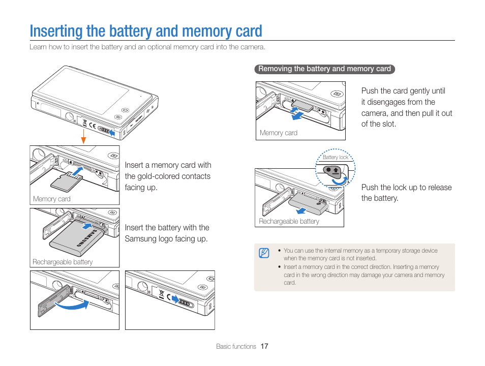 Inserting the battery and memory card | Samsung EC-MV800ZBPBUS User Manual | Page 18 / 146