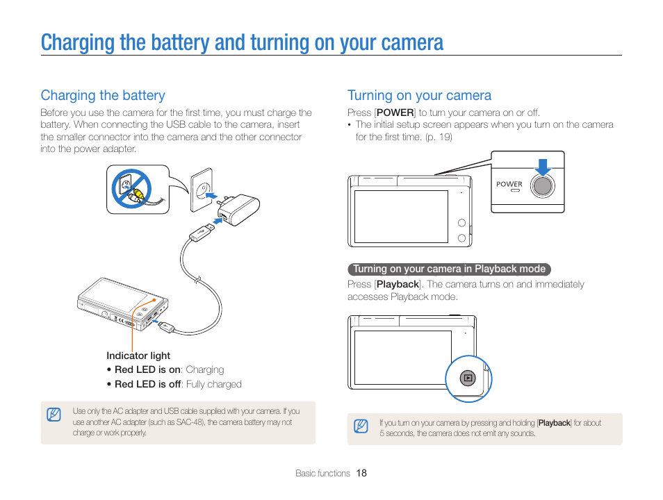 Charging the battery and turning on your camera, Charging the battery, Turning on your camera | Samsung EC-MV800ZBPBUS User Manual | Page 19 / 146