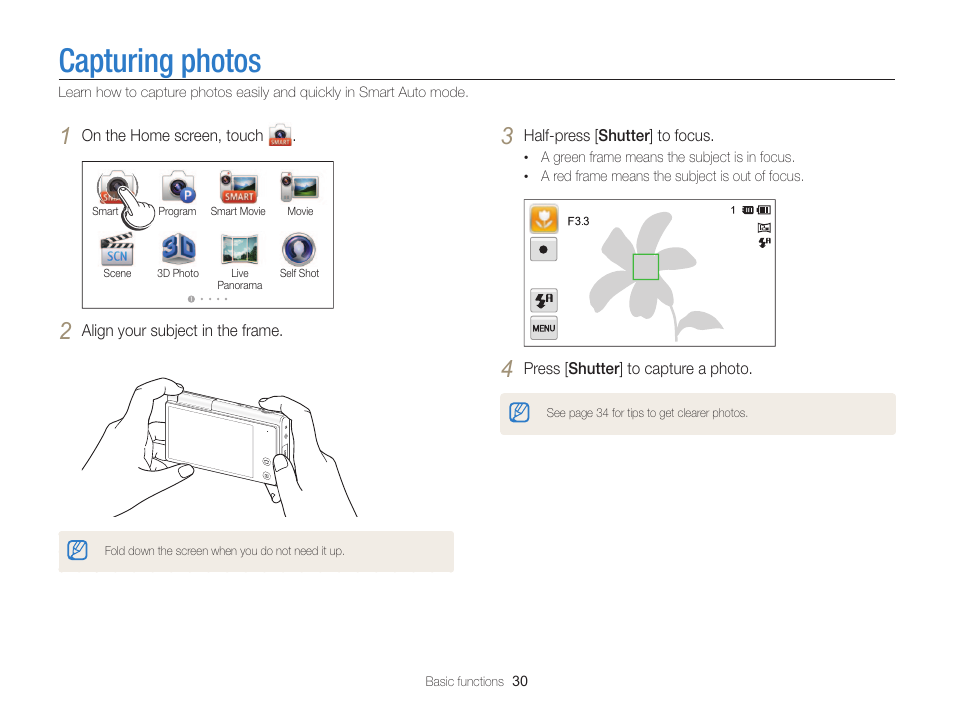 Capturing photos | Samsung EC-MV800ZBPBUS User Manual | Page 31 / 146
