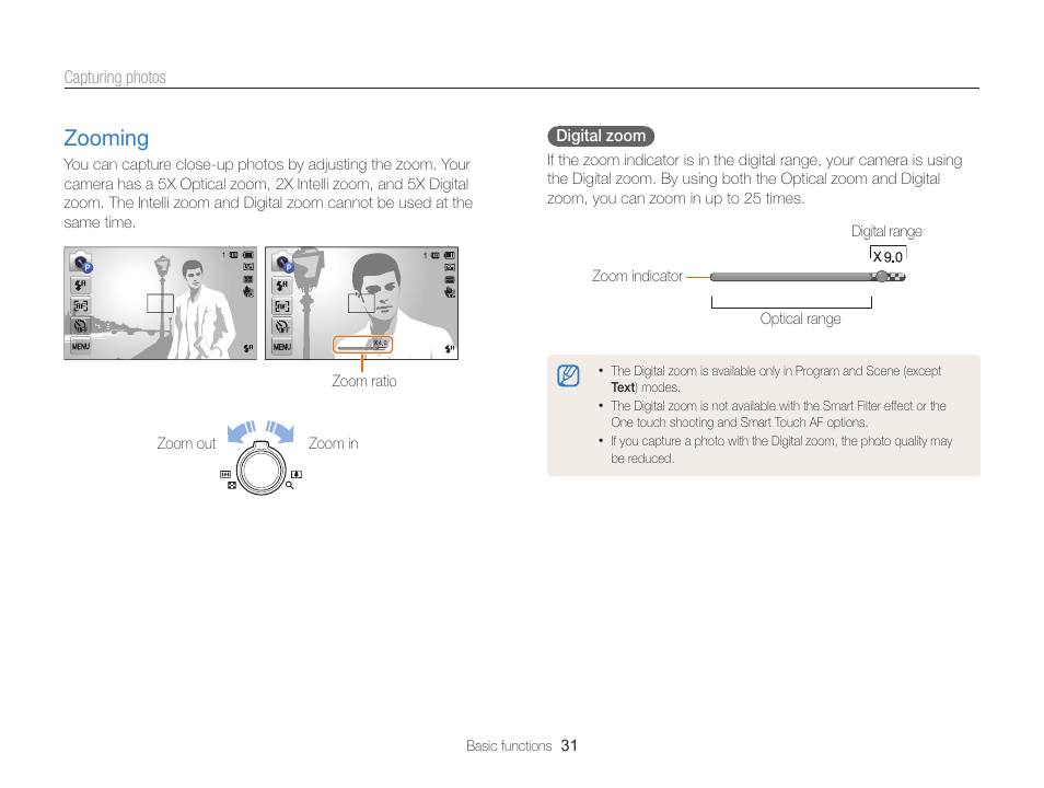 Zooming, Zooming ………………………………… 31 | Samsung EC-MV800ZBPBUS User Manual | Page 32 / 146