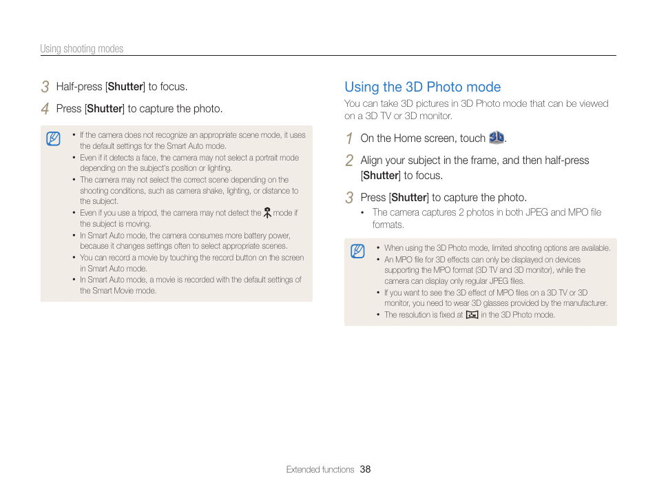 Using the 3d photo mode, Using the 3d photo mode ……………… 38 | Samsung EC-MV800ZBPBUS User Manual | Page 39 / 146