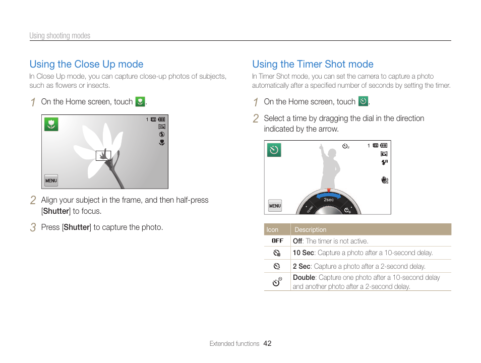Using the close up mode, Using the timer shot mode | Samsung EC-MV800ZBPBUS User Manual | Page 43 / 146