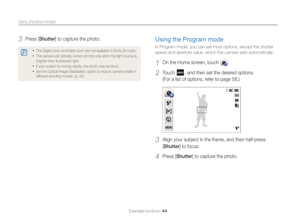 Using the program mode, Using the program mode ………………… 44 | Samsung EC-MV800ZBPBUS User Manual | Page 45 / 146