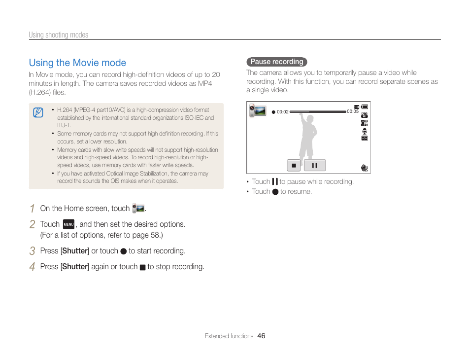 Using the movie mode, Using the movie mode …………………… 46 | Samsung EC-MV800ZBPBUS User Manual | Page 47 / 146