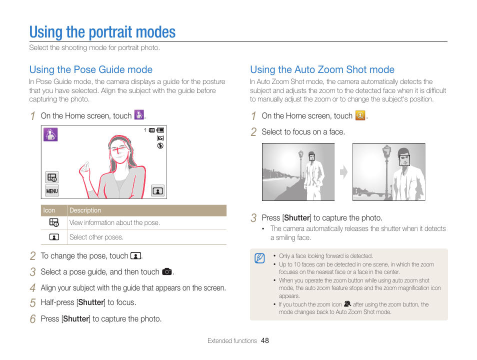 Using the portrait modes, Using the pose guide mode, Using the auto zoom shot mode | Samsung EC-MV800ZBPBUS User Manual | Page 49 / 146