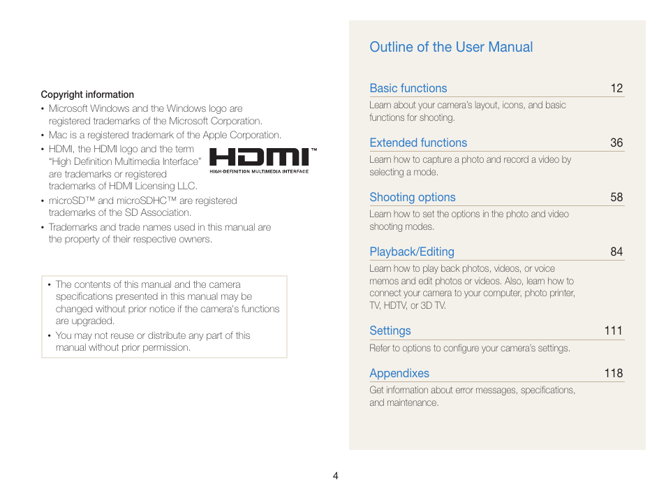 Outline of the user manual | Samsung EC-MV800ZBPBUS User Manual | Page 5 / 146