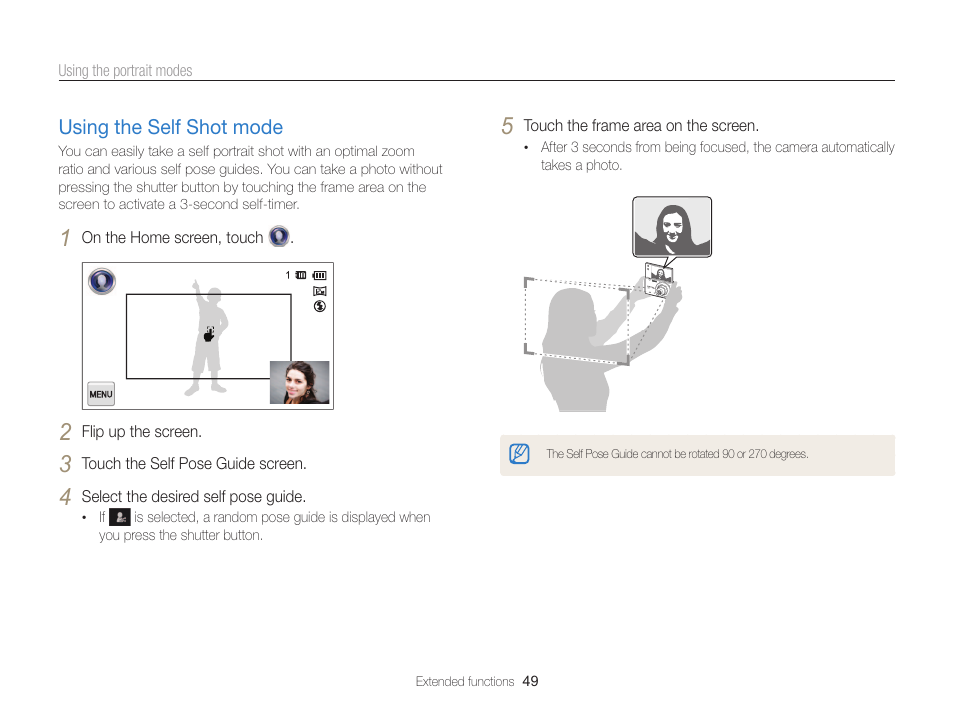 Using the self shot mode, Using the self shot mode ………………… 49 | Samsung EC-MV800ZBPBUS User Manual | Page 50 / 146