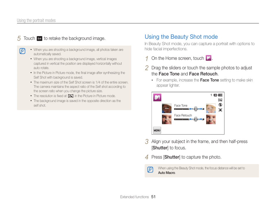 Using the beauty shot mode, Using the beauty shot mode …………… 51 | Samsung EC-MV800ZBPBUS User Manual | Page 52 / 146