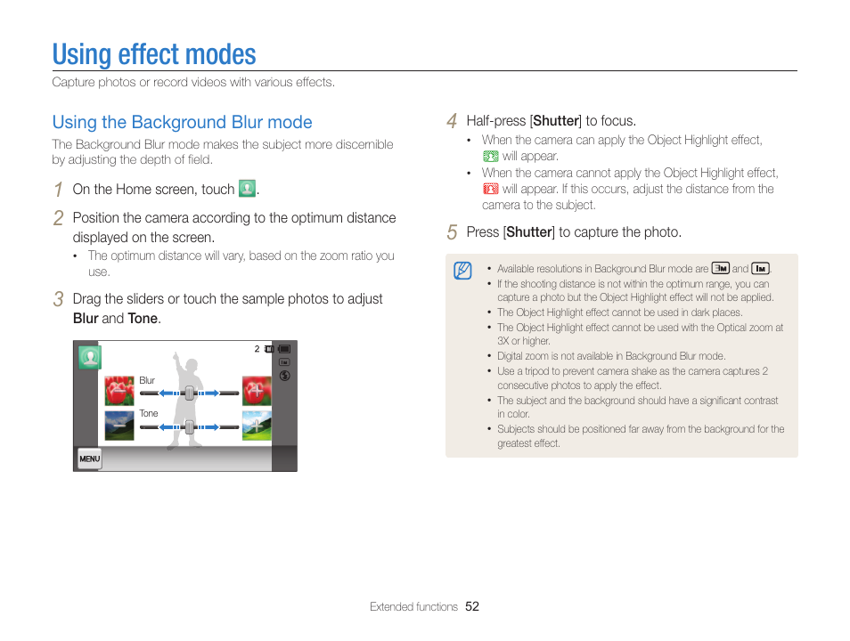 Using effect modes, Using the background blur mode, Using the background blur mode ………… 52 | Samsung EC-MV800ZBPBUS User Manual | Page 53 / 146