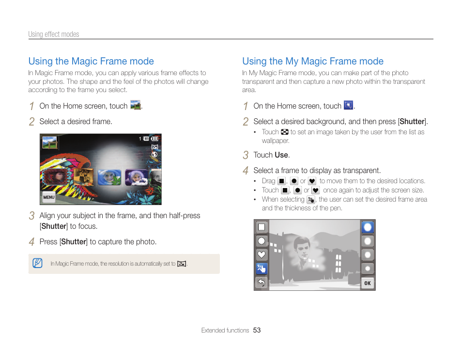 Using the magic frame mode, Using the my magic frame mode | Samsung EC-MV800ZBPBUS User Manual | Page 54 / 146