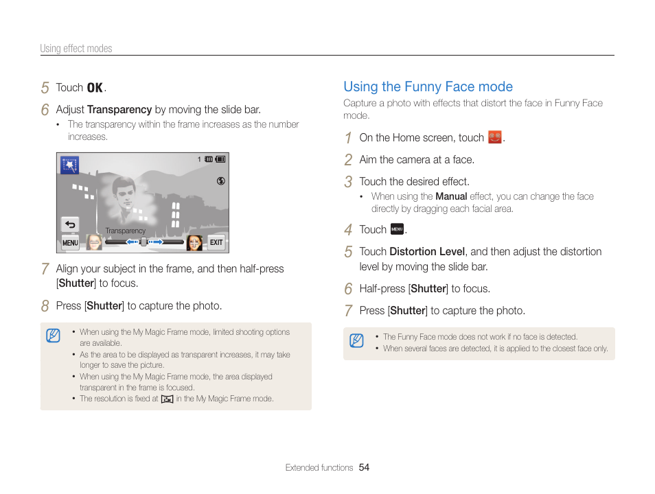 Using the funny face mode, Using the funny face mode ……………… 54 | Samsung EC-MV800ZBPBUS User Manual | Page 55 / 146