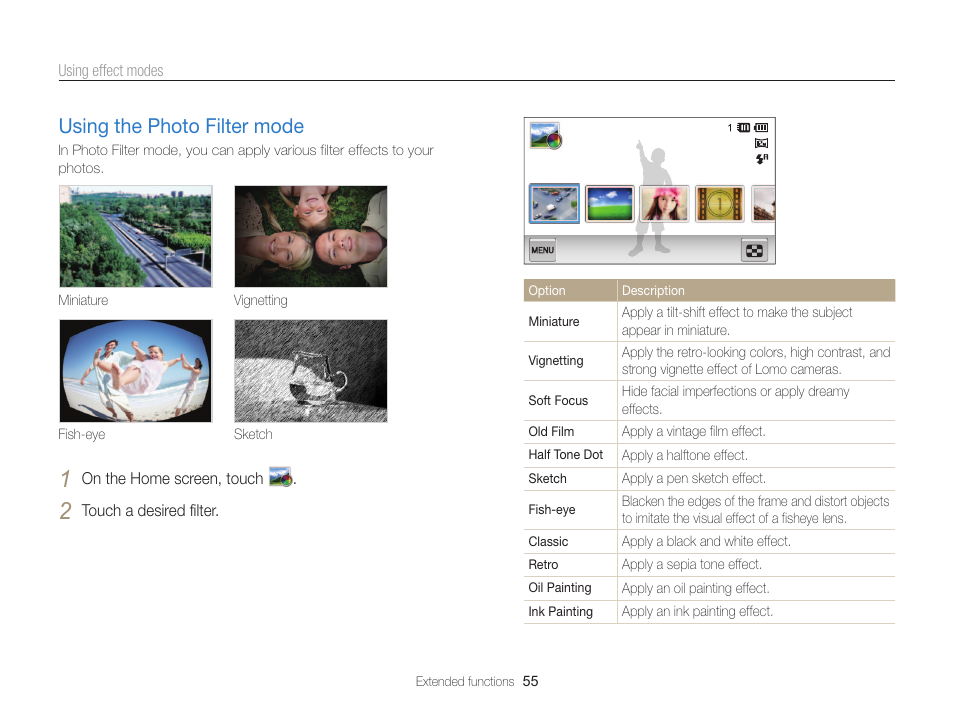 Using the photo filter mode, Using the photo filter mode ……………… 55 | Samsung EC-MV800ZBPBUS User Manual | Page 56 / 146