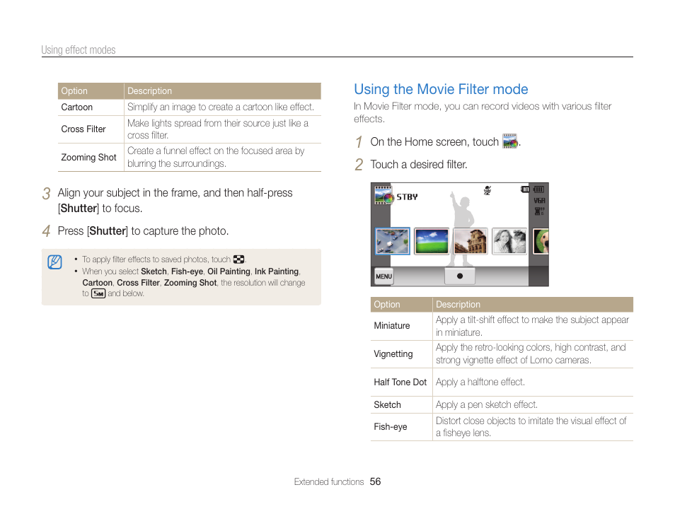 Using the movie filter mode, Using the movie filter mode ……………… 56 | Samsung EC-MV800ZBPBUS User Manual | Page 57 / 146