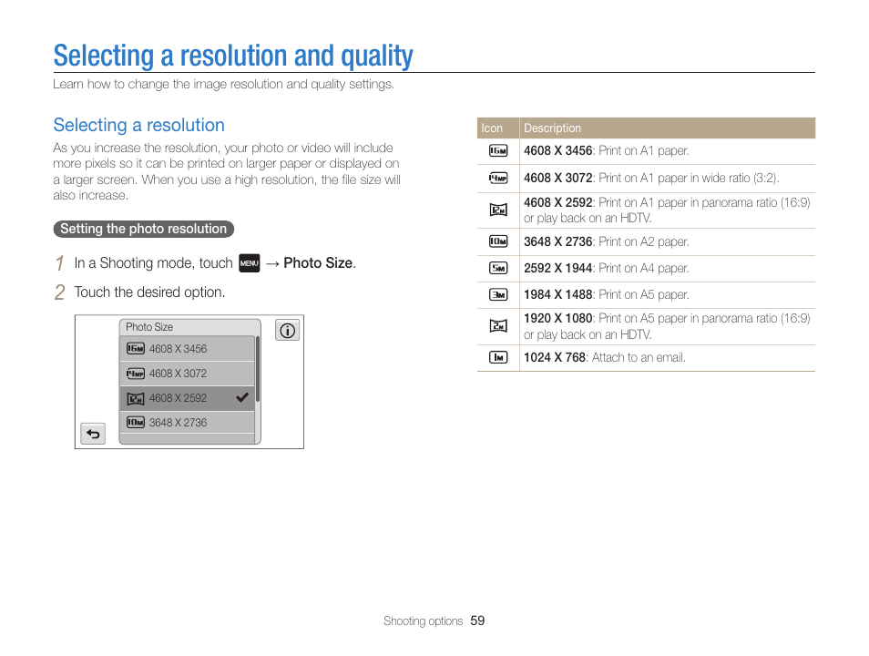 Selecting a resolution and quality, Selecting a resolution, Selecting a resolution …………………… 59 | Samsung EC-MV800ZBPBUS User Manual | Page 60 / 146