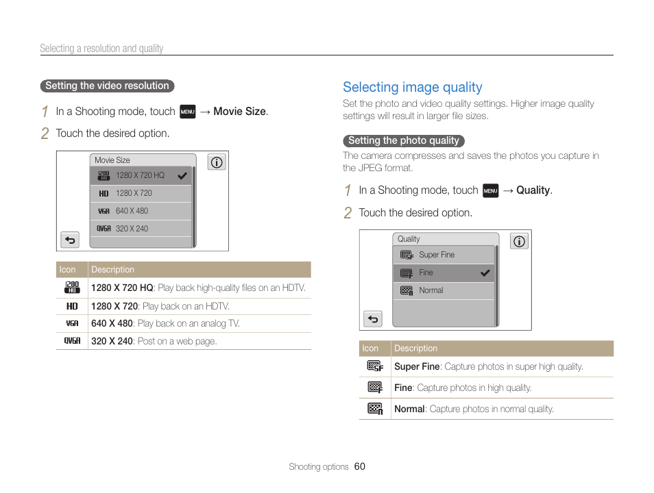 Selecting image quality, Selecting image quality …………………… 60 | Samsung EC-MV800ZBPBUS User Manual | Page 61 / 146