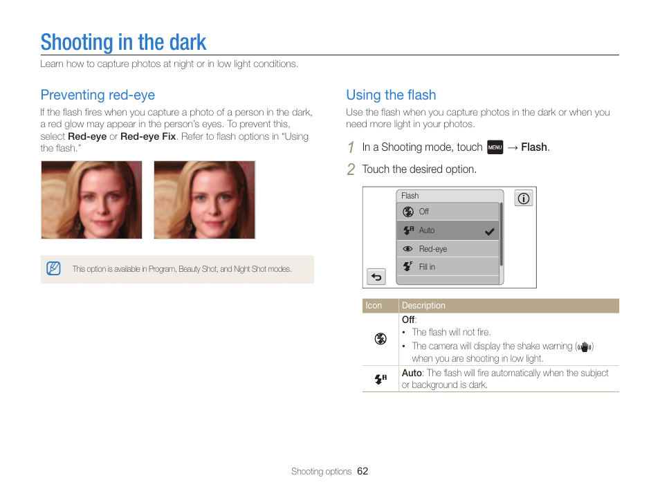Shooting in the dark, Preventing red-eye, Using the flash | P. 62), Urn on the flash. (p. 62) | Samsung EC-MV800ZBPBUS User Manual | Page 63 / 146