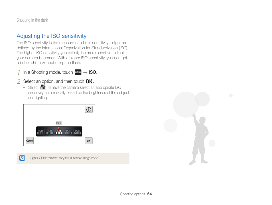 Adjusting the iso sensitivity, Set iso sensitivity options. (p. 64), Adjusting the iso sensitivity ……………… 64 | Samsung EC-MV800ZBPBUS User Manual | Page 65 / 146