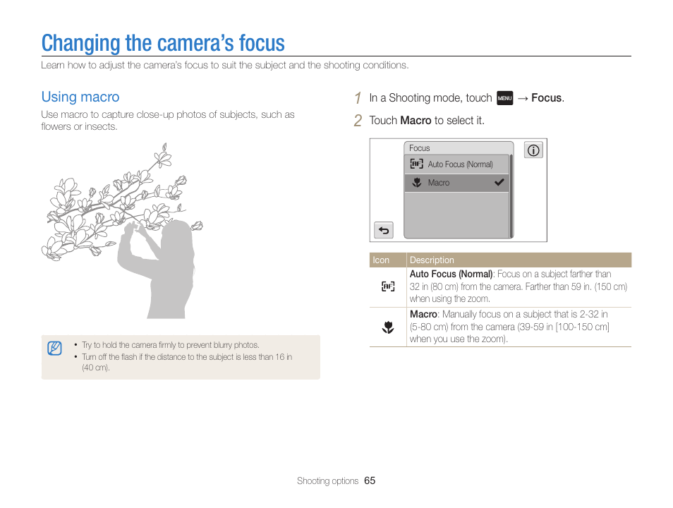 Changing the camera’s focus, Using macro, Using macro ……………………………… 65 | Samsung EC-MV800ZBPBUS User Manual | Page 66 / 146